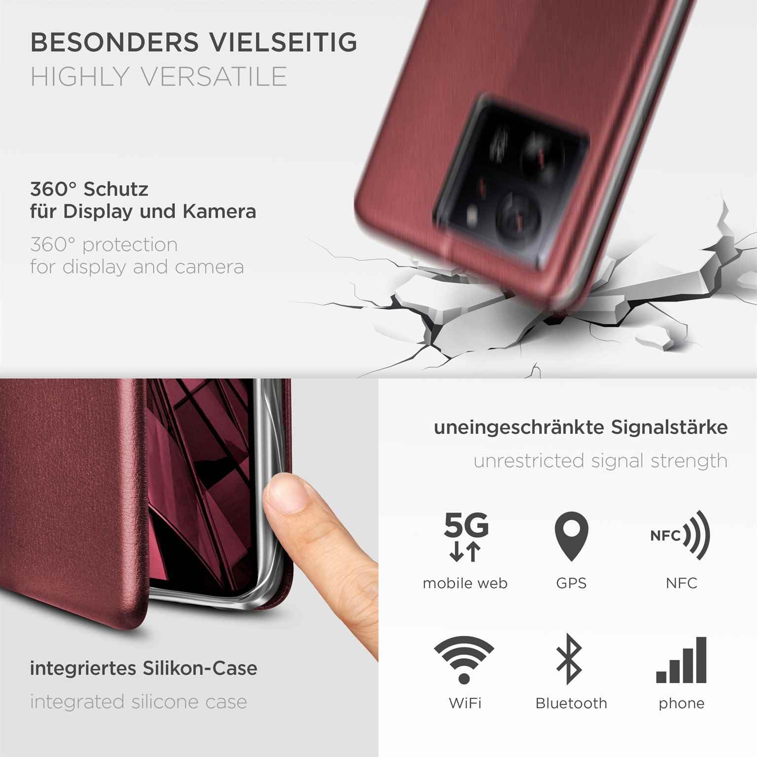 ONEFLOW Custodia A Libro Per Xiaomi 13 Con Pelle Effetto E Bumper In Silicone, Porta Carte E Supporto, Chiusura Magnetica, Colore Rosso Vinaccia