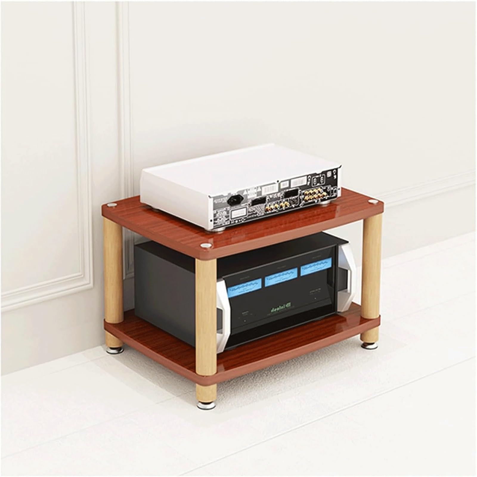 Support audio en bois massif - Support stéréo à 2 niveaux pour matériel audio audio-vidéo - Meuble de cinéma maison (marron)