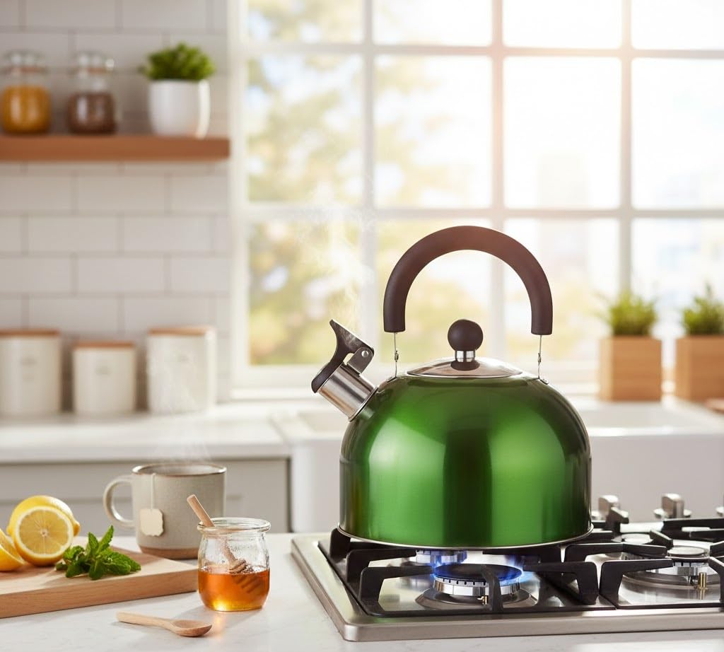 Stainless Steel Whistling Kettle, Fast-Boil Stovetop Tea Kettle, 2.5L or 3.5L, Metallic Green or Black & Chrome (Mettalic Green, 2.5L)