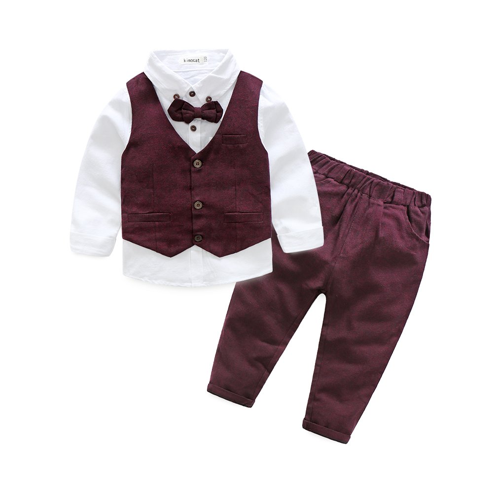 KimocatBoys 3Pcs Clothing Sets Cotton Long Sleeve Bowtie Shirts +Vest +Pants Casual Suit