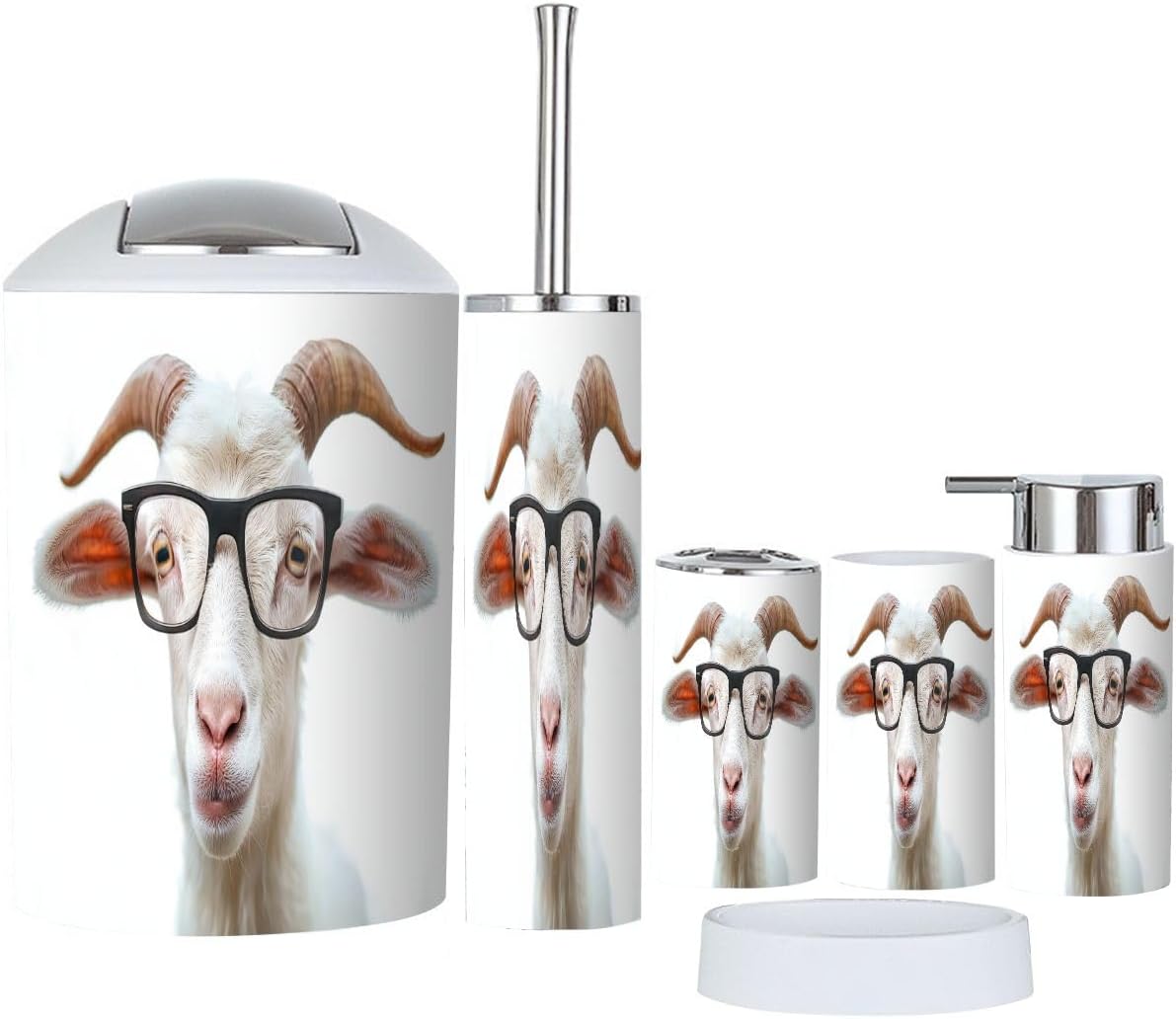 Bathroom Accessory Set 6 Piece Boho Portrait Goat Glasses Showing Tongue Fancy petss Trash Can, Toothbrush Holder, Soap Dispenser, Soap Dish, Toothbrush Cup, Toilet Brush Holder