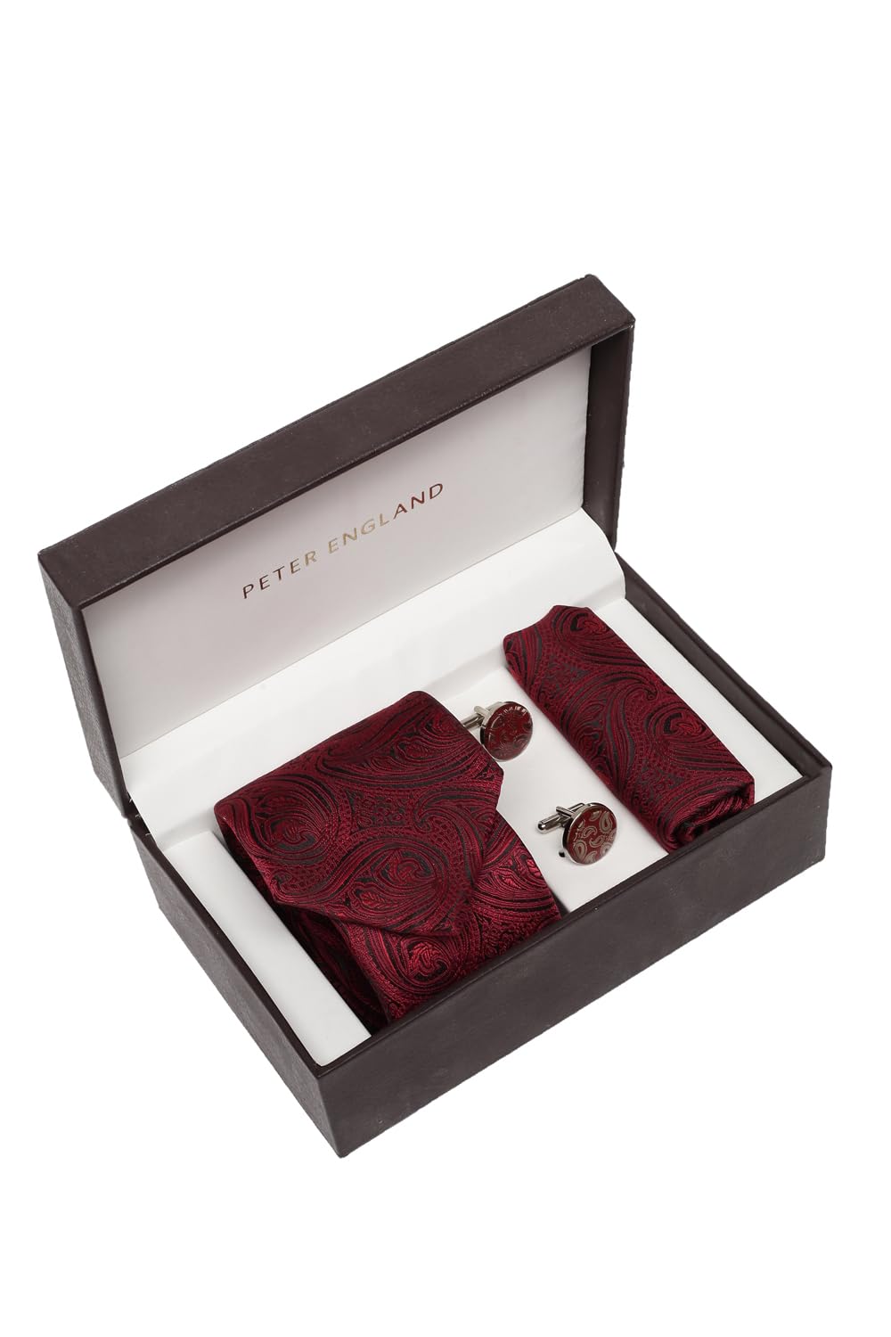 peter england Men Maroon Embroidered Tie Pocket Square And Cufflink-picture-10