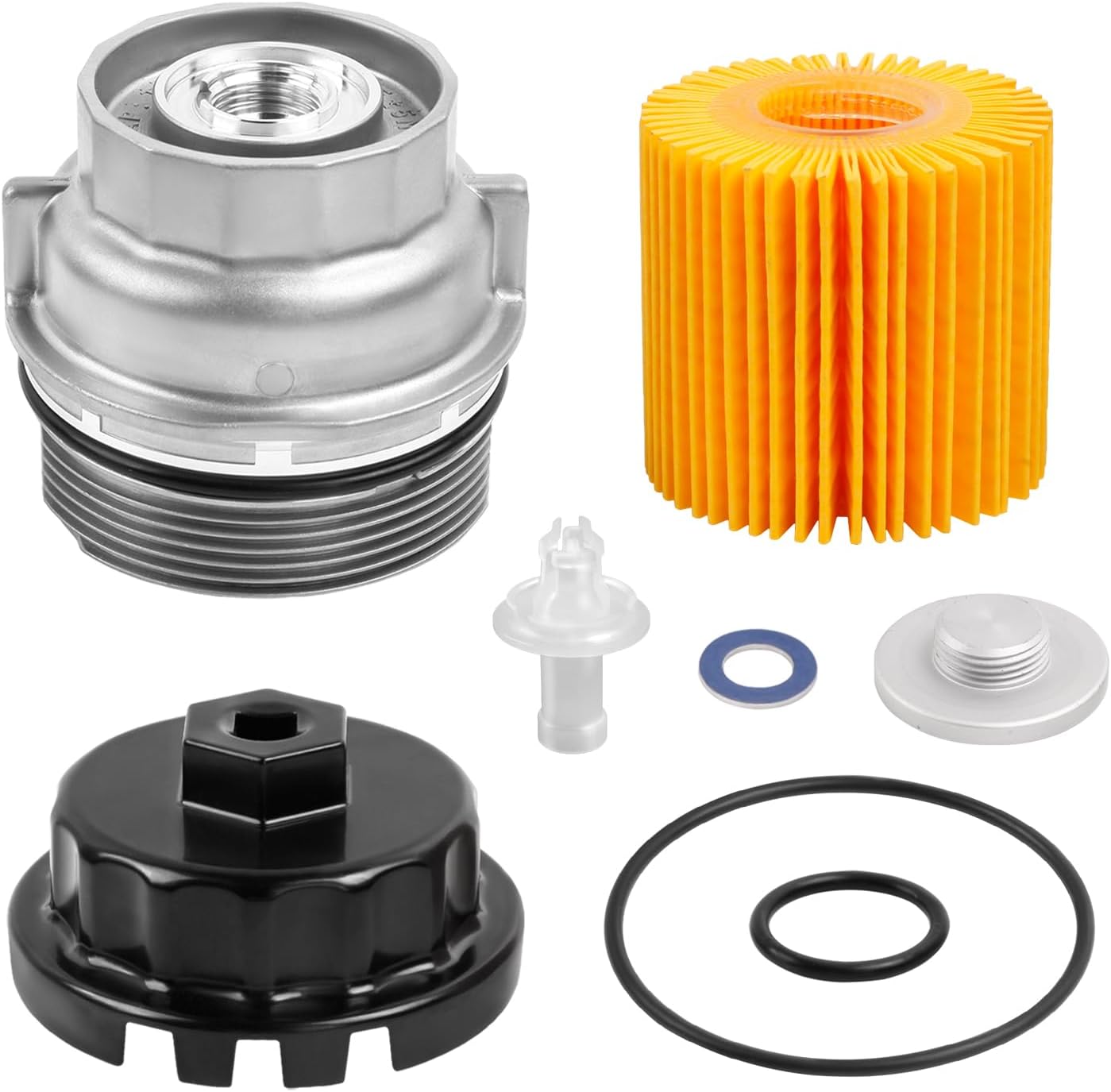 Oil Filter Housing Cap Assembly Kit Compatible With RAV4, Sienna, Tacoma, Camry, Highlander, Avalon, Venza, RX350 Aluminum Oil Filter with Wrench Drain Plug Replace 15620-31060, 15643-31050 Oil Filter Housing Cap kit