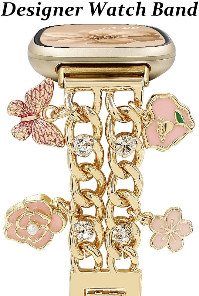 Cuban Chain Band Compatible with Fitbit Versa 4/Versa 3/Sense 2/Sense Smart Watch Band Women,Bling Diamond Chain Dressy Metal Strap with Cute Charms Pendants Wristband - Image 4