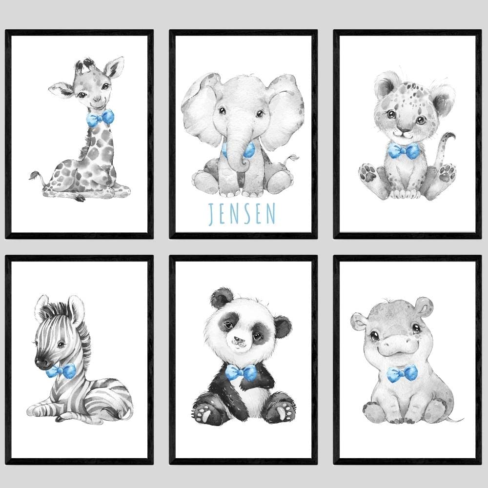 Eviepops Prints Safari Animals Baby Boys Nursery Bedroom Prints Unframed Set of 6 with Personalised Name, Wall Art Decor Gift Present in Grey Blue Green Yellow, Giraffe Elephant Lion (A5, 6 prints) โ image 1