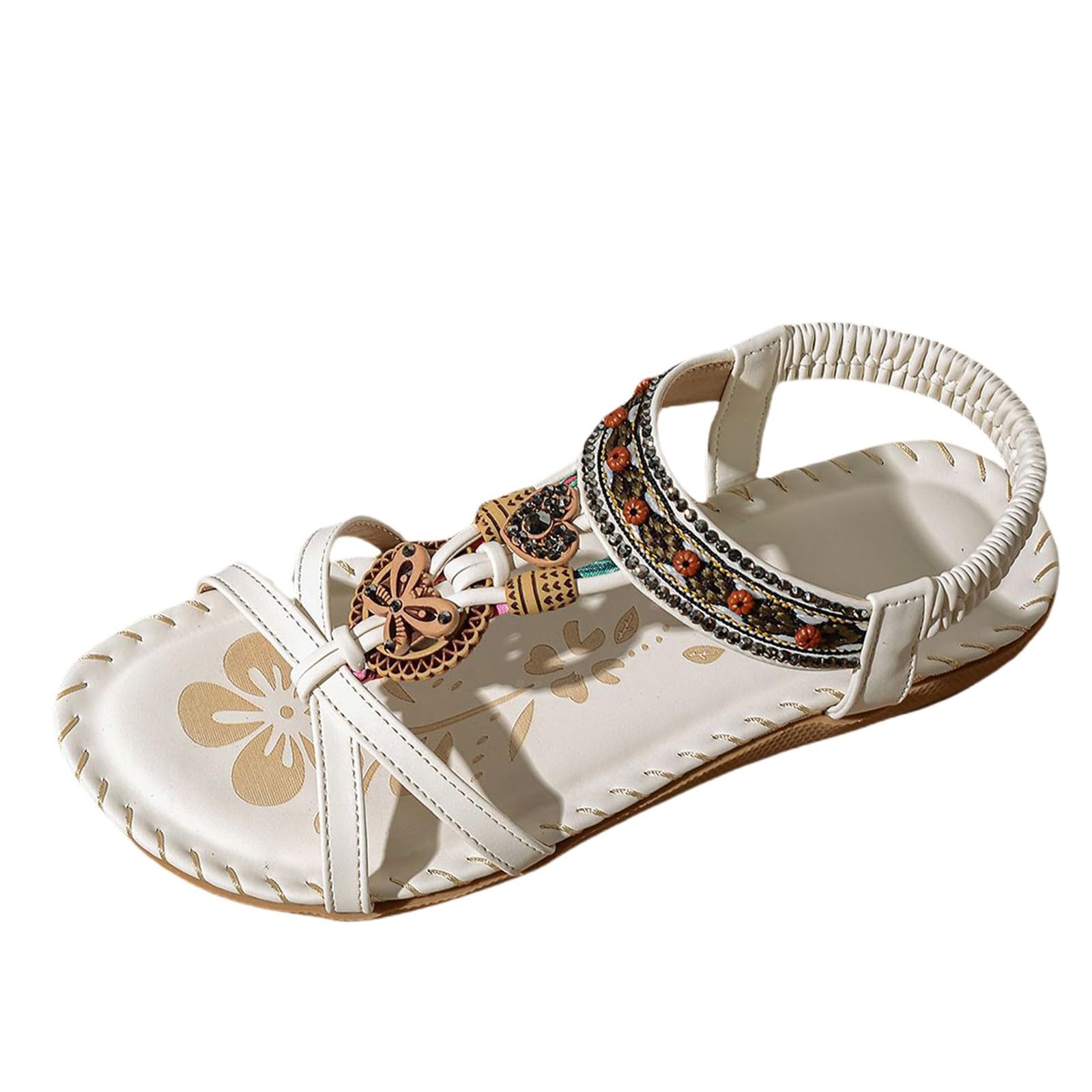 Womens Sandals Summer Bohemian Beaded Elastic Ankle Strap Sandal Comfortable Bohemian Non-Slip Wedge Shoes Casual Open Toe Walking Slides Beach Shoes for Seaside & Vacation
