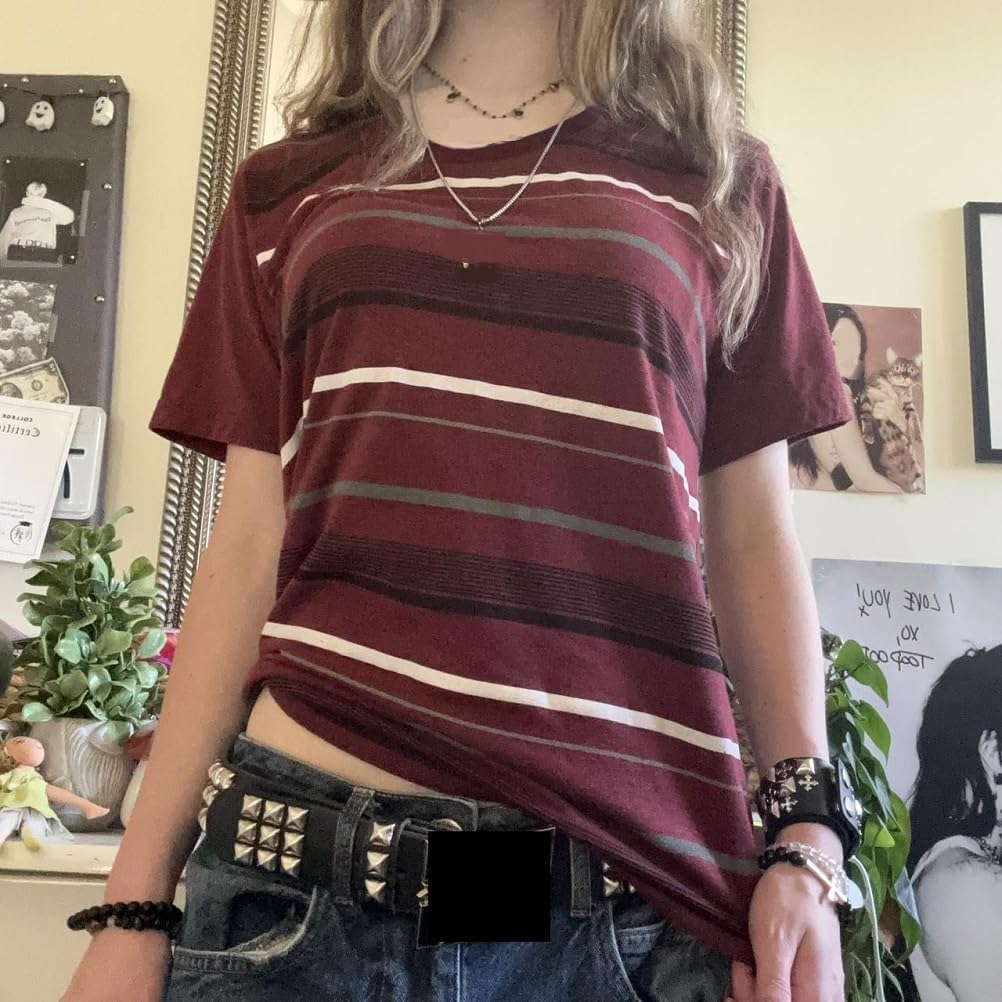 Women Y2K Striped Short Sleeve T-Shirt Crewneck Oversized Tee Color Block Loose Fit Tee Shirts Casual Baggy Top - Image 2