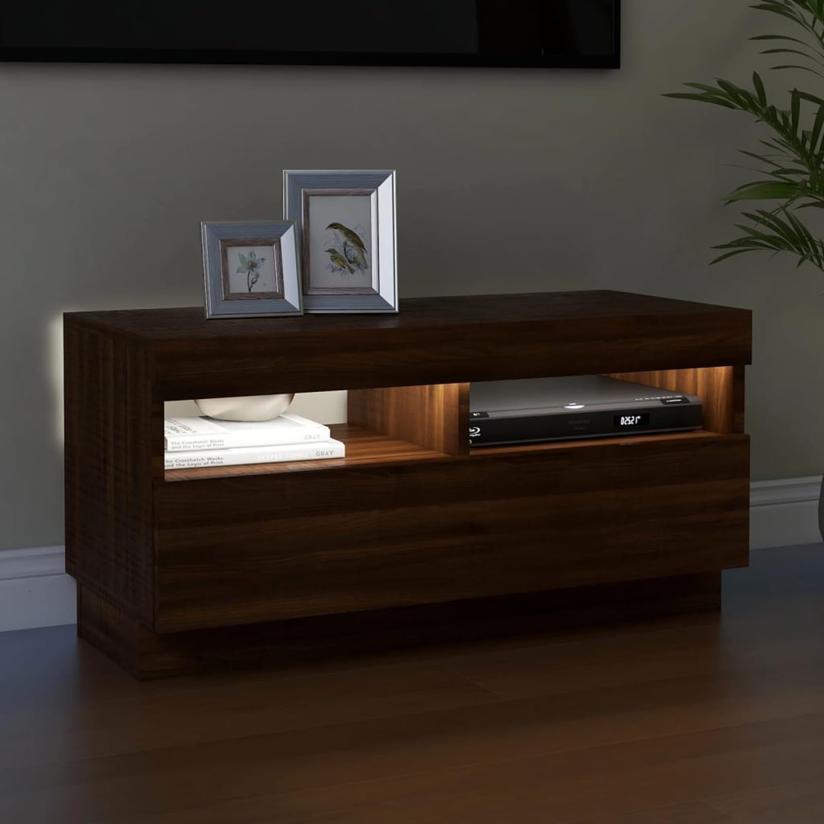 Mueble TV,Muebles de salón diseño Moderno, Mesa de Salón Comedor Televisión,Mueble de TV con Luces LED Color Roble marrón 80x35x40 cm