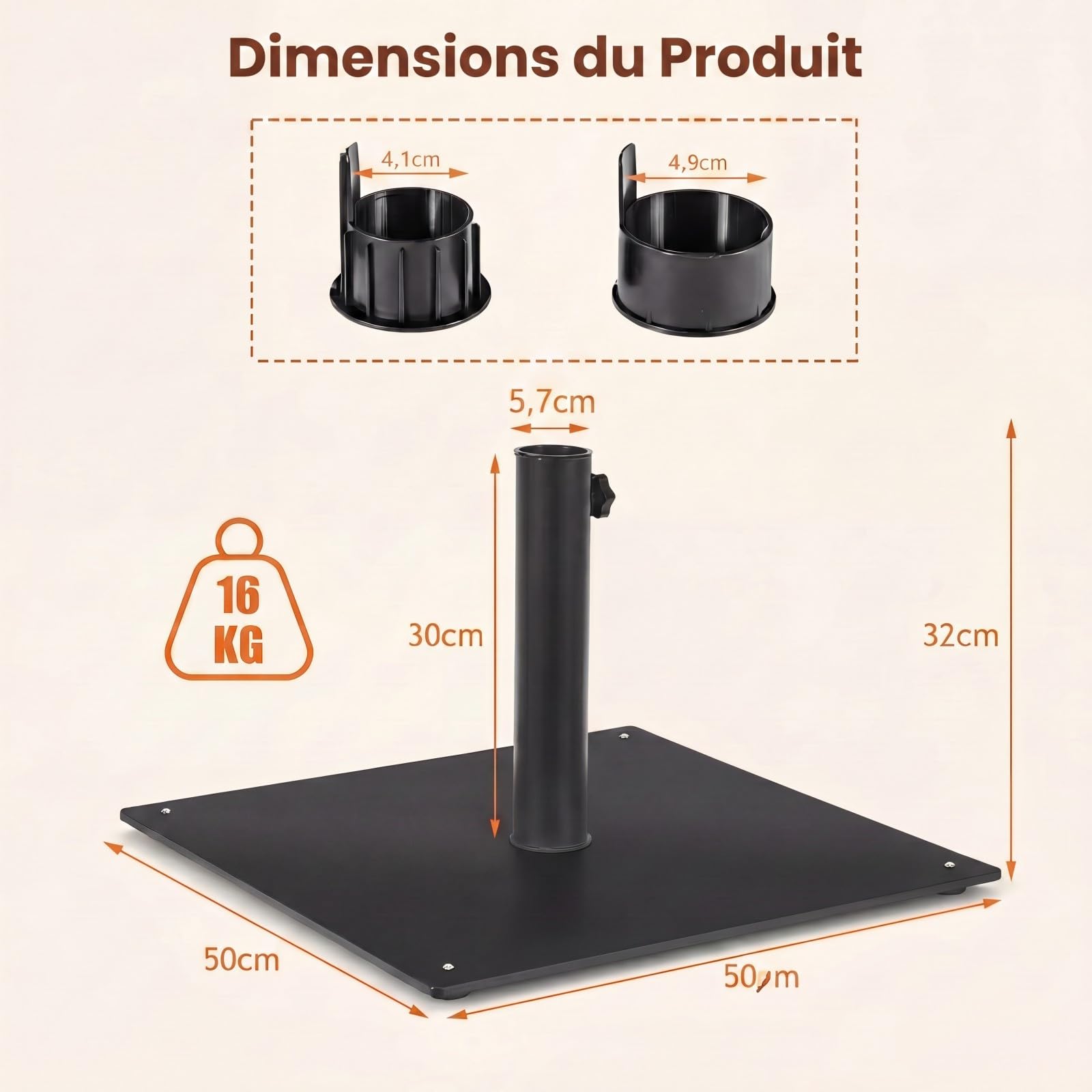RELAX4LIFE Pied de Parasol Lourd en Métal 16 KG pour Poteaux φ41-49 MM, Support Parasol Carré avec 4 Patins Réglables, Socle Parasol Extérieur 50x50 CM pour Patio Terrasse Jardin (Noir)