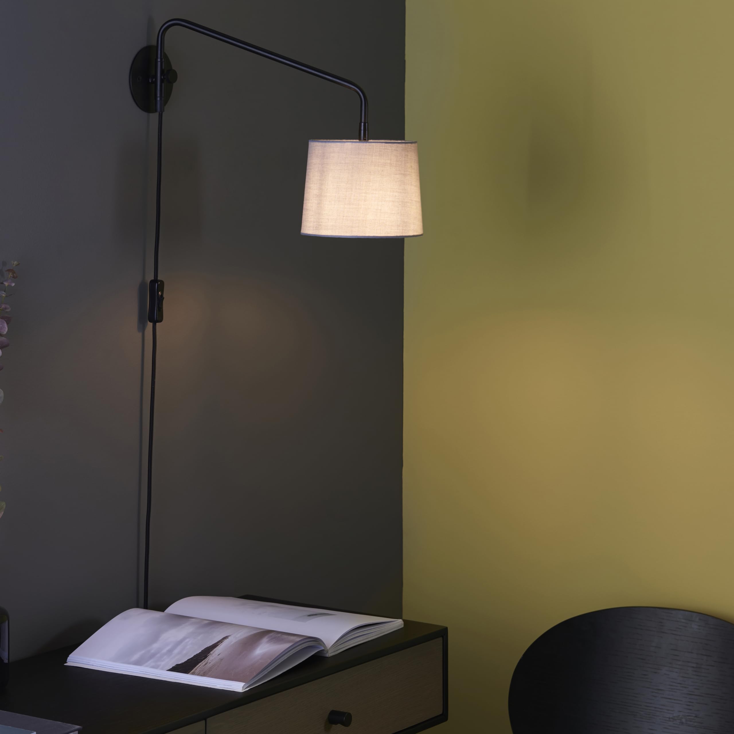 National Lighting Adjustable Swing Arm Wall Lights, Bedside Lamp with A Light Grey Cotton Mix Shade, Wall Lamp for Bedroom, Living Room, Office, IP20 Rated