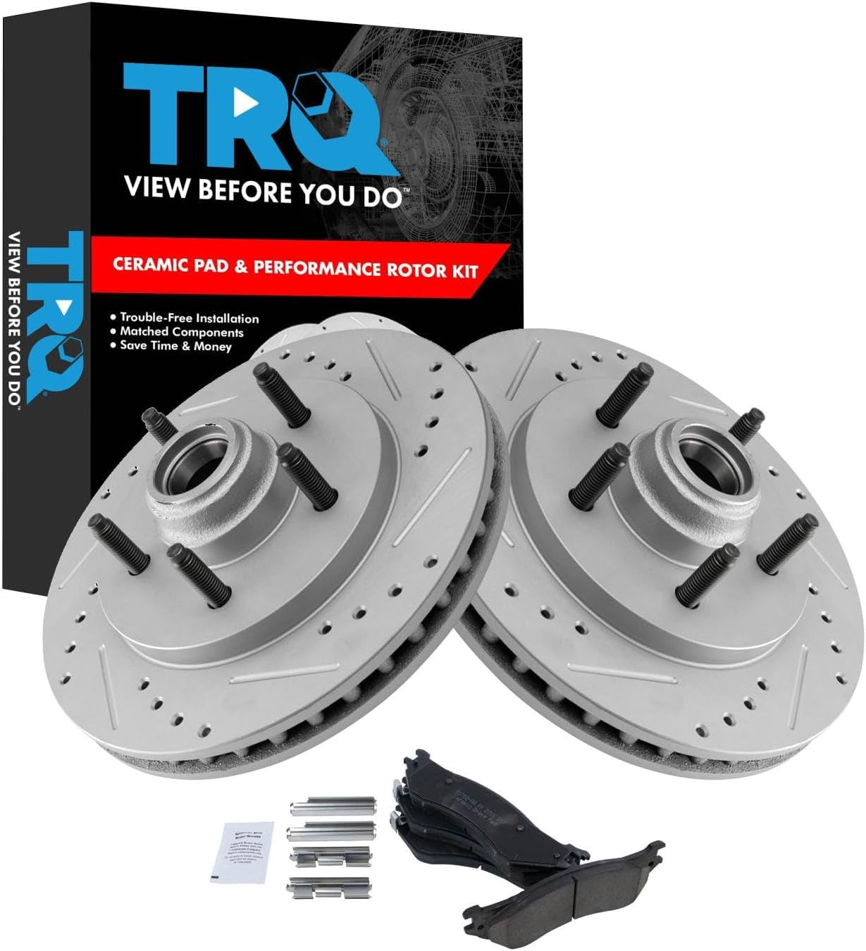 TRQ Front Brake Pad and Rotor Set Ceramic Coated Drilled Slotted Rotors Compatible with 1999-2002 Ford Expedition 1998-2002 Lincoln Navigator