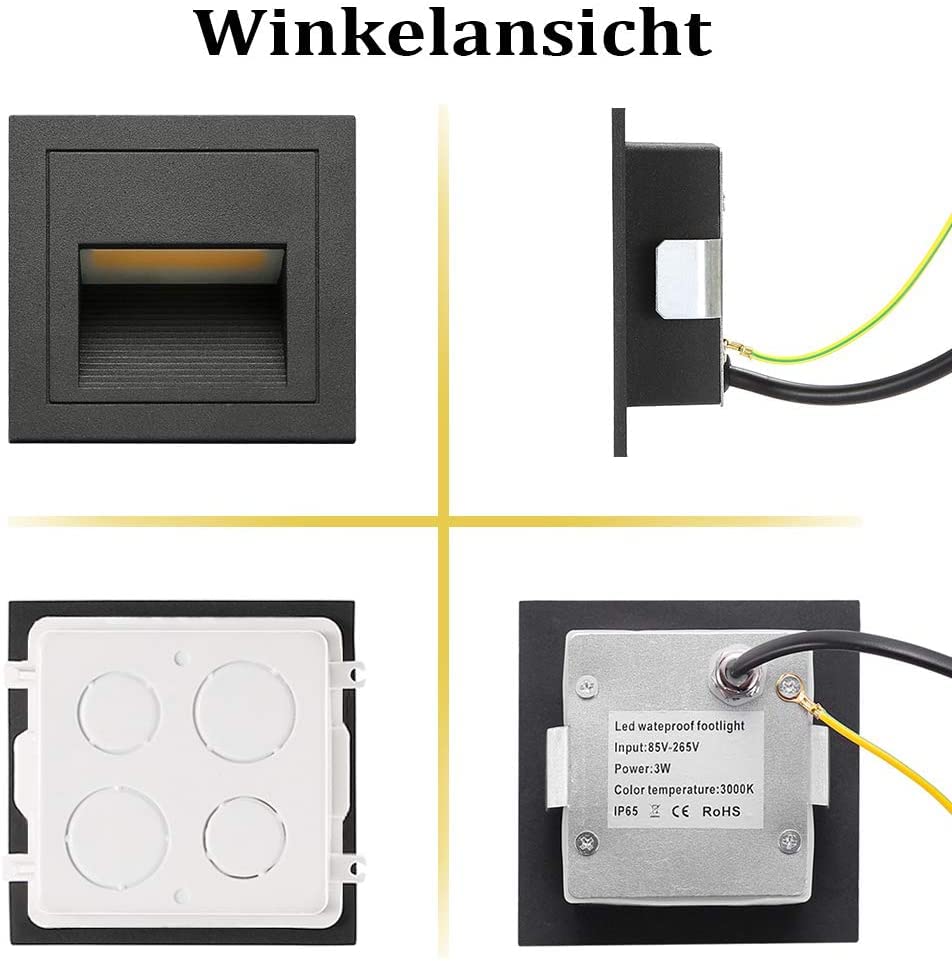 SUBOSI Applique d'escalier LED aluminium 230V 3W Appliques en verre Applique d'escalier avec boîte encastrée Applique d'escalier IP65 étanche blanc chaud - Image 8