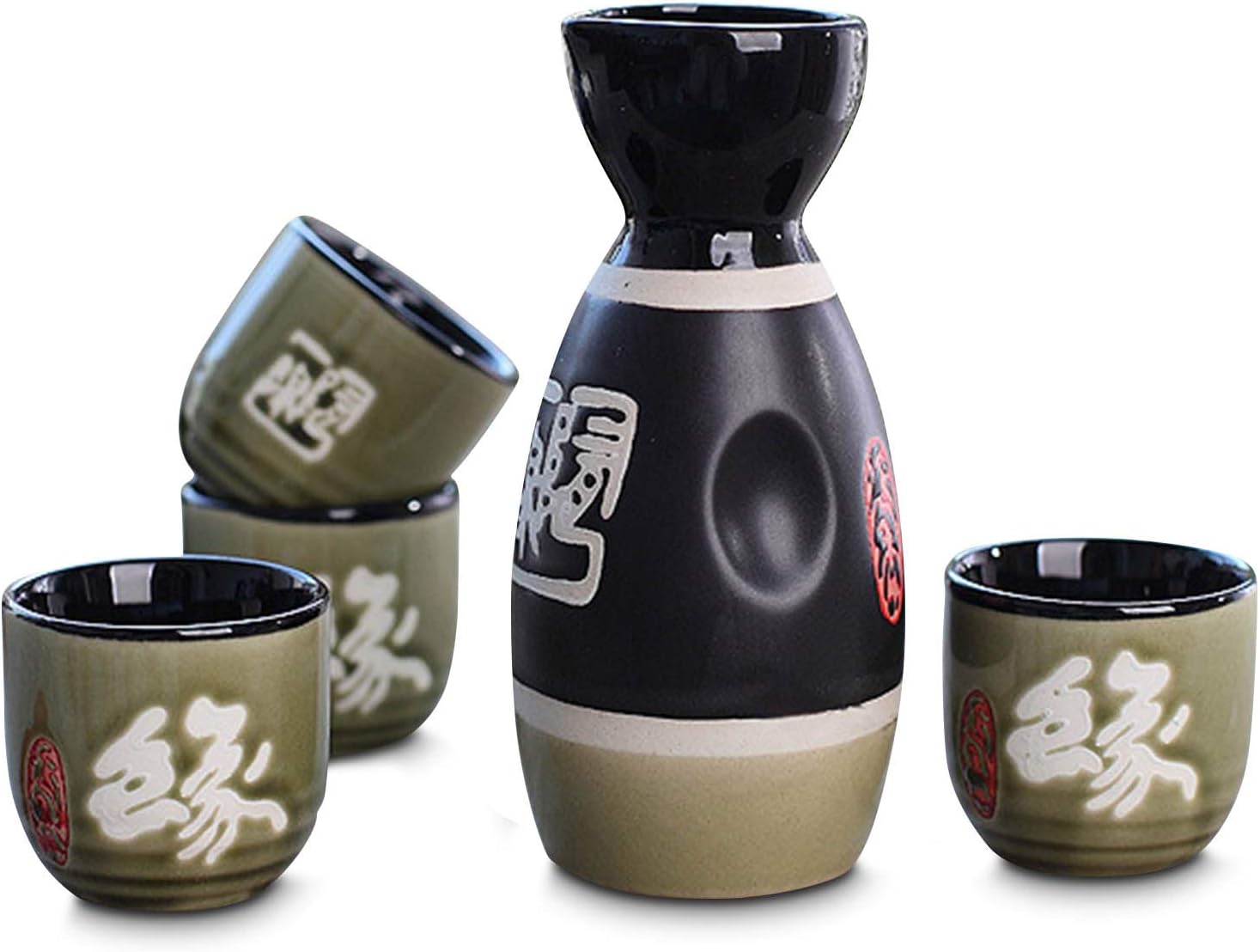 Sake Set, 5-Piece Traditional Ceramic Japanese Sake Set with 1 Sake Serving Bottle and 4 Sake Cups - Engraved by Hand Design