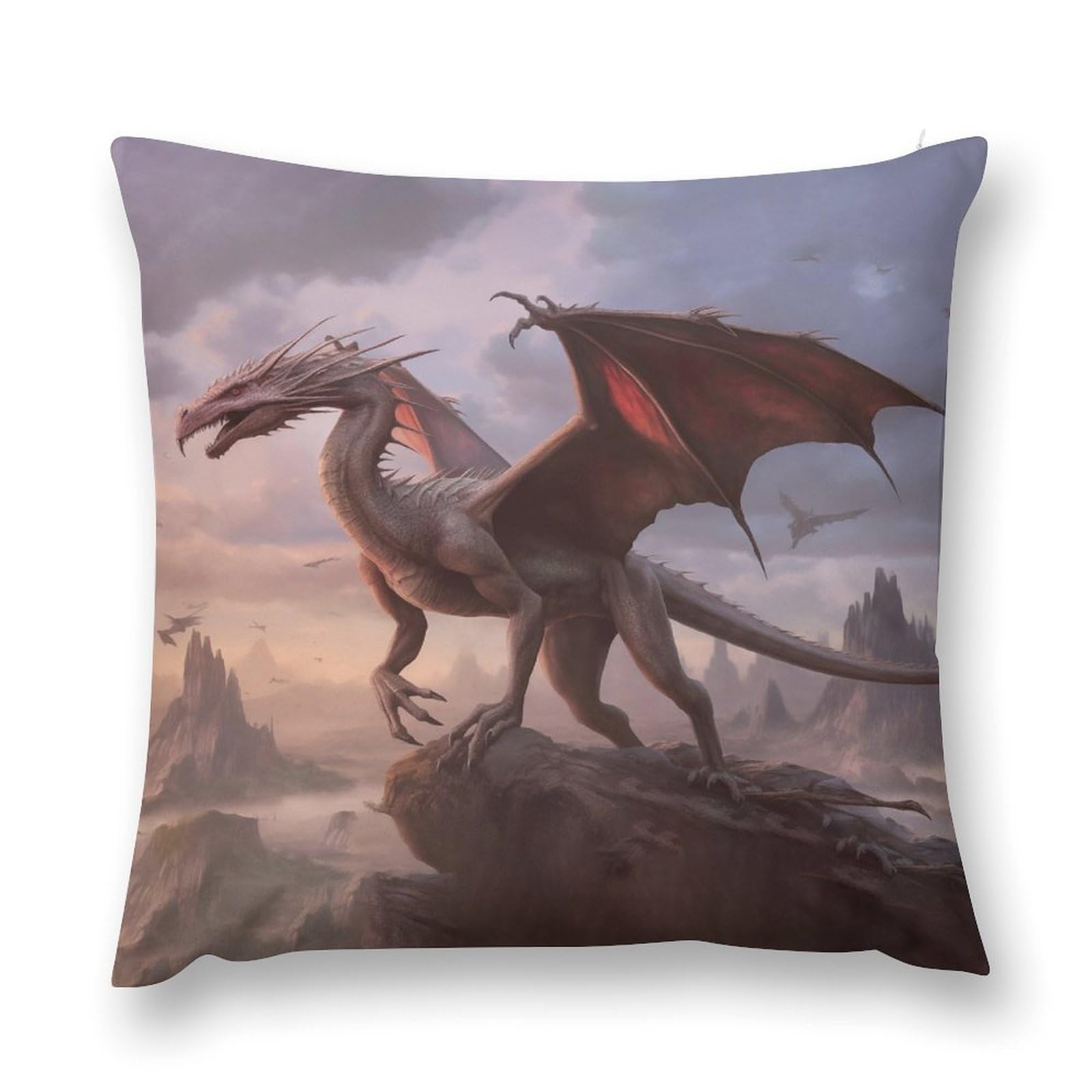 moderw Fantasy Dragon Throw Pillow Cover, Dreamy Red Dragons Pillowcases Dinosaur on Rocks Giant Animals Couch Sofa Cushion Case for Home Decor Kids Boys Bed 18x18inch