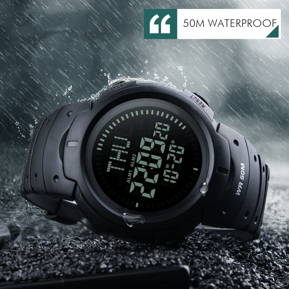 Multifonctionnel Outdoor Militaires Digital Sport Boussole Montres Bracelet de Homme 50M Étanche LED Temps Double Noir Plastique Montre et Caoutchouc Ruban