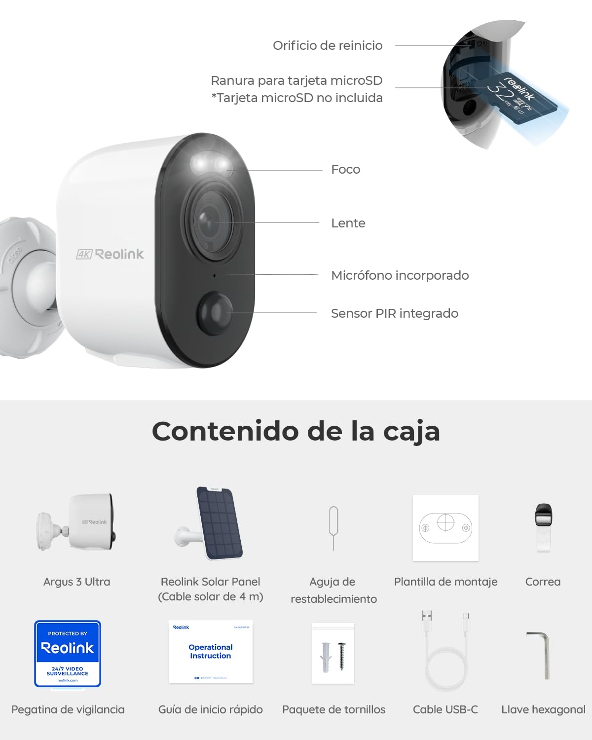 Reolink 4K Camara Vigilancia WiFi Exterior Solar, 8MP Cámaras de Vigilancia Sin Cables con Batería 2,4GHz/5GHz WiFi, Visión Nocturna en Color, Detección Smart, Cloud, Argus 3 Ultra con Panel Solar
