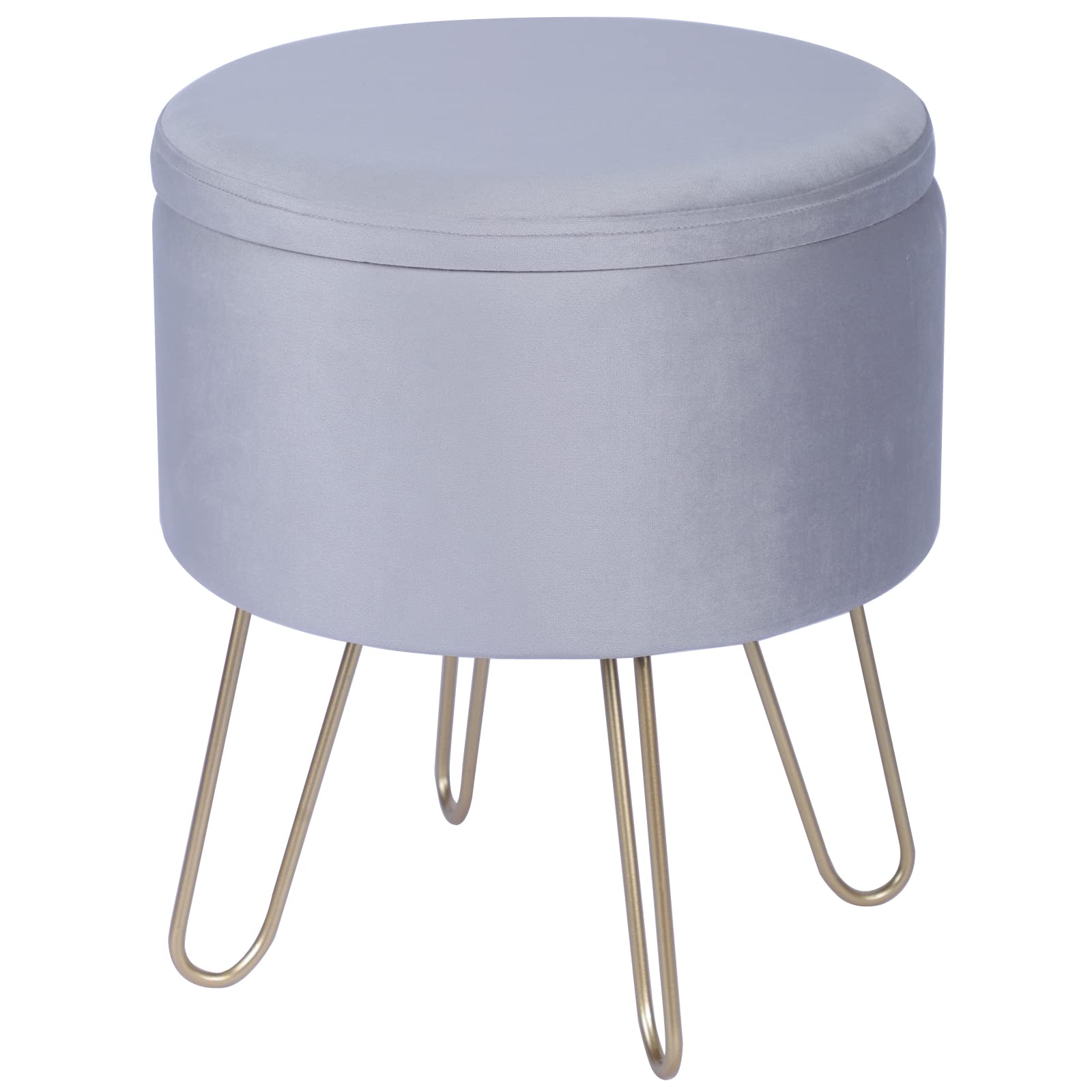 Pandora mohoo Fashionable Velvet Round Storage Ottoman Footrest Stool with Vanity Chair and Tray Top Coffee Table/Gold Metal U-Legs(Silver Grey, Large)