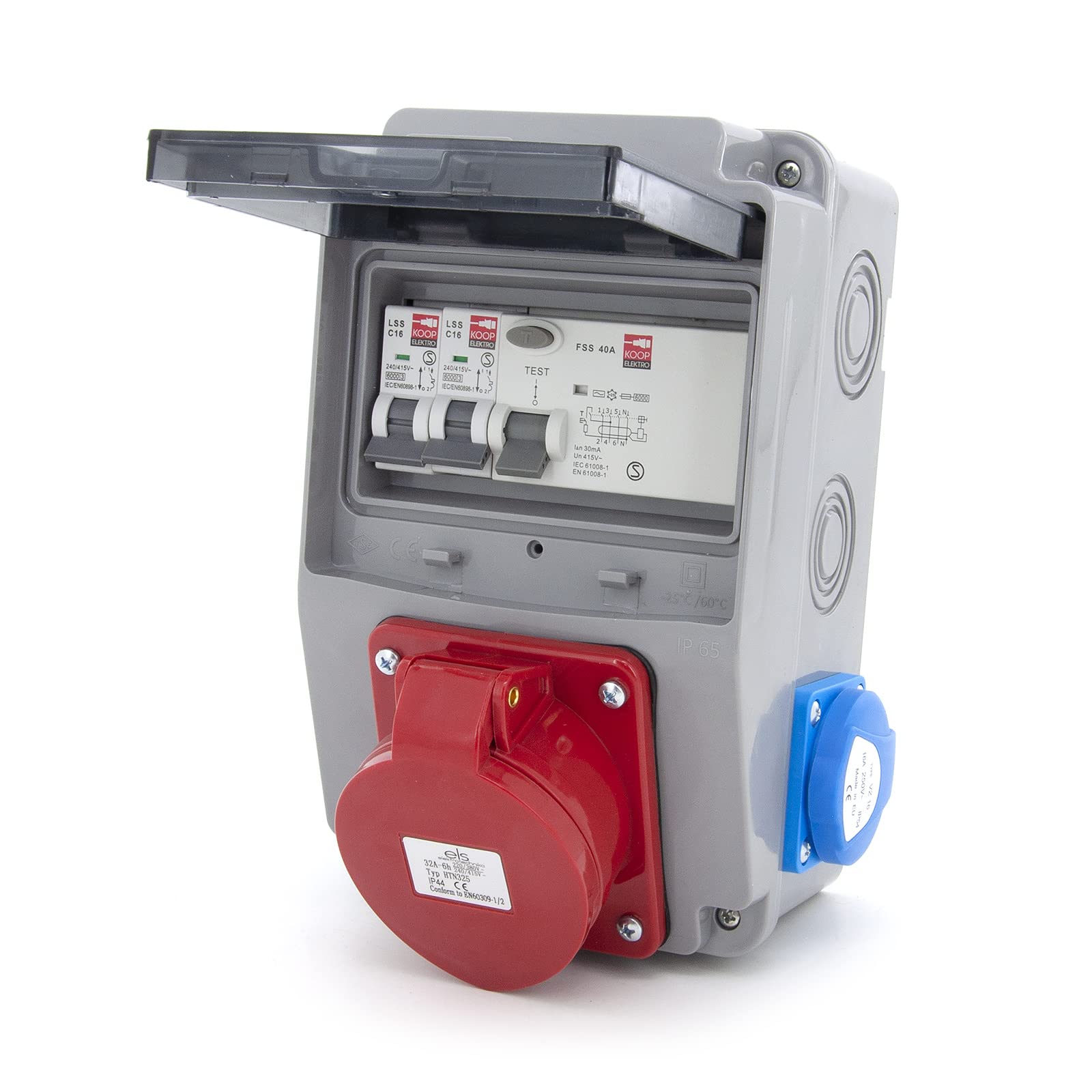 ELS Elektrotechnika répartiteur de chantier filaire répartiteur mural répartiteur de courant avec fusibles et prises 2x230V + 2 x disjoncteurs miniatures C16 1 pôle, IP54, pour intérieur/extérieur