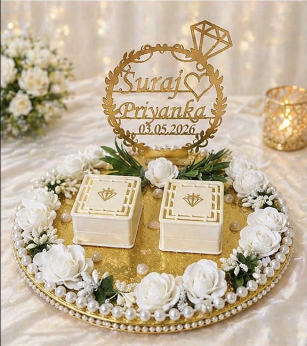Image of Engagement Ring Platter, Ring Platter for Ring Ceremony,10x10x8 inch, 2 Ring Boxes, Pink Theme, Artificial Flowers - Customised (Off-White)