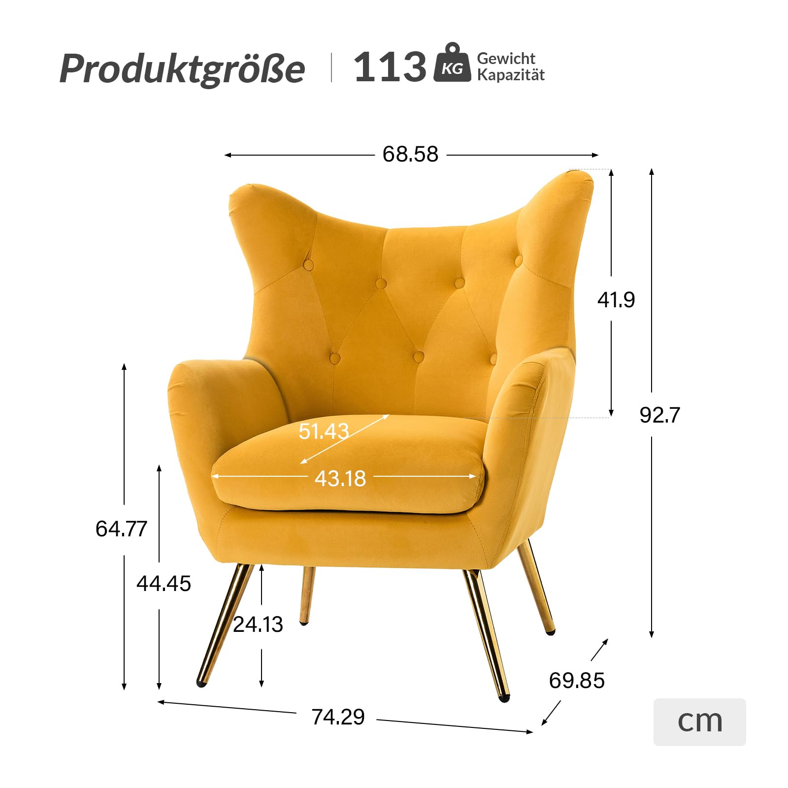 HULALA HOME Sessel gemütlich Ohrensessel gepolstert mit goldenen Metallbeinen Lesesessel bequem Loungesessel aus Samt für Wohnzimmer Schlafzimmer 2er Set, Gelb