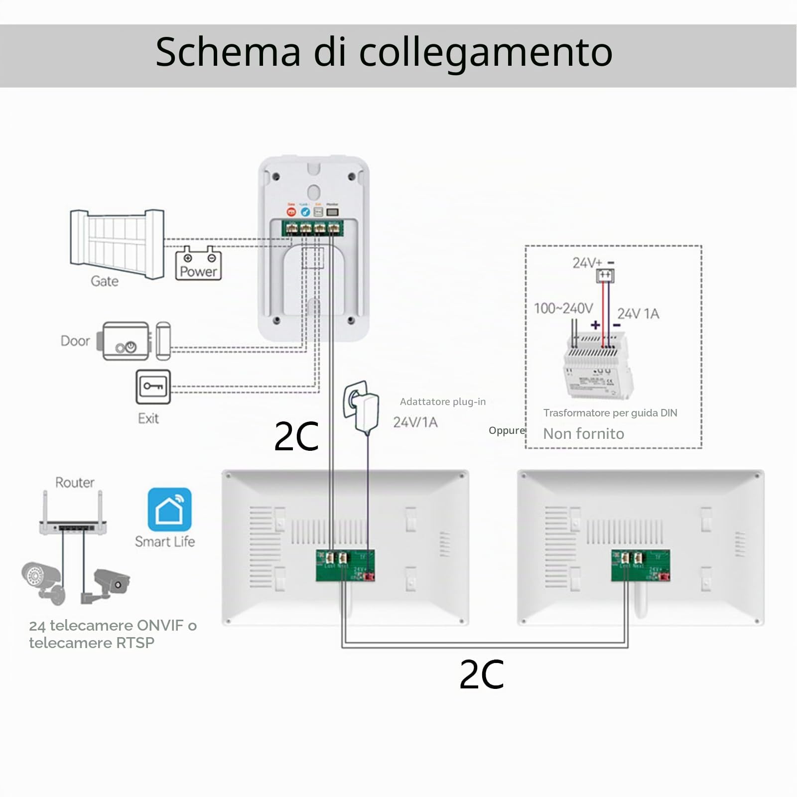 Sistema videocitofonico a 2 fili dell'appartamento 1080P Camera 7 pollici Touch Monitor, kit videocitofono WiFi per la casa, rilevamento del movimento (1 nero Campanello + 2 nero Monitor)