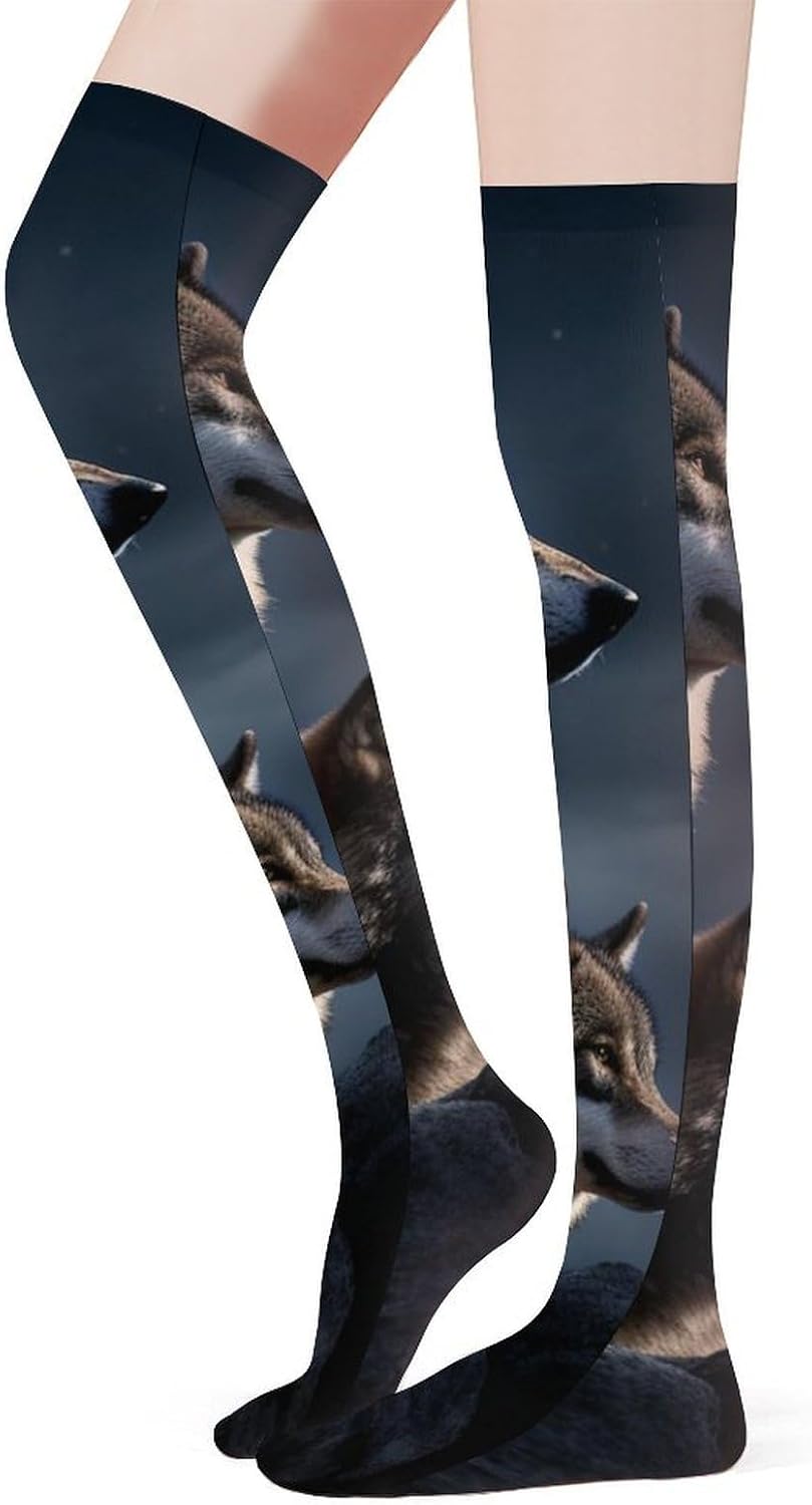 Wolves In The Moonlight Knee High Stockings for Women 23.6" Breathable Thigh High Stockings Over The Knee Socks