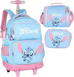 Mochila Infantil Rodinhas Stitch com Lancheira e Estojo 100 Pens Azul
