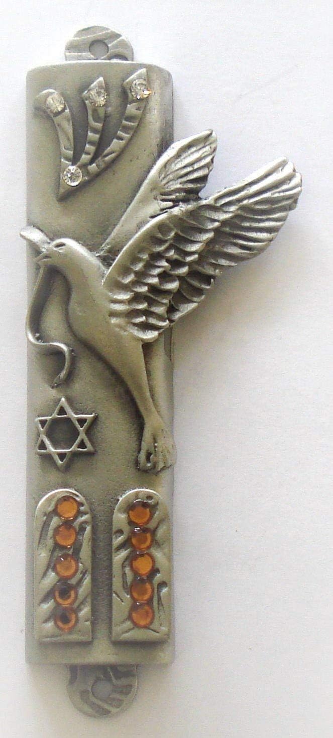 Pewter Mezuzah Adorned with Crystals - Dove - Peace Dove Mezuzah