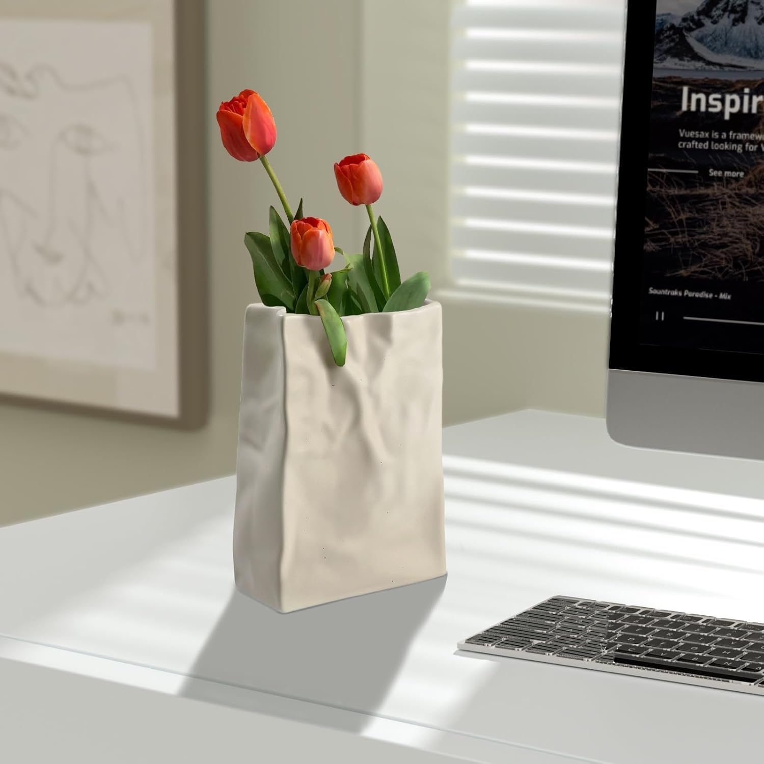 Relexome Paper Bag Vase Crinkle Wide Ceramic Flower Vase Boho Wabi-Sabi Vases, Cute Home Office Living Room Decor Aesthetic Unique Bookshelf Decorative, Bouquet Gifts for Women Girl 8 Inch: Cream White