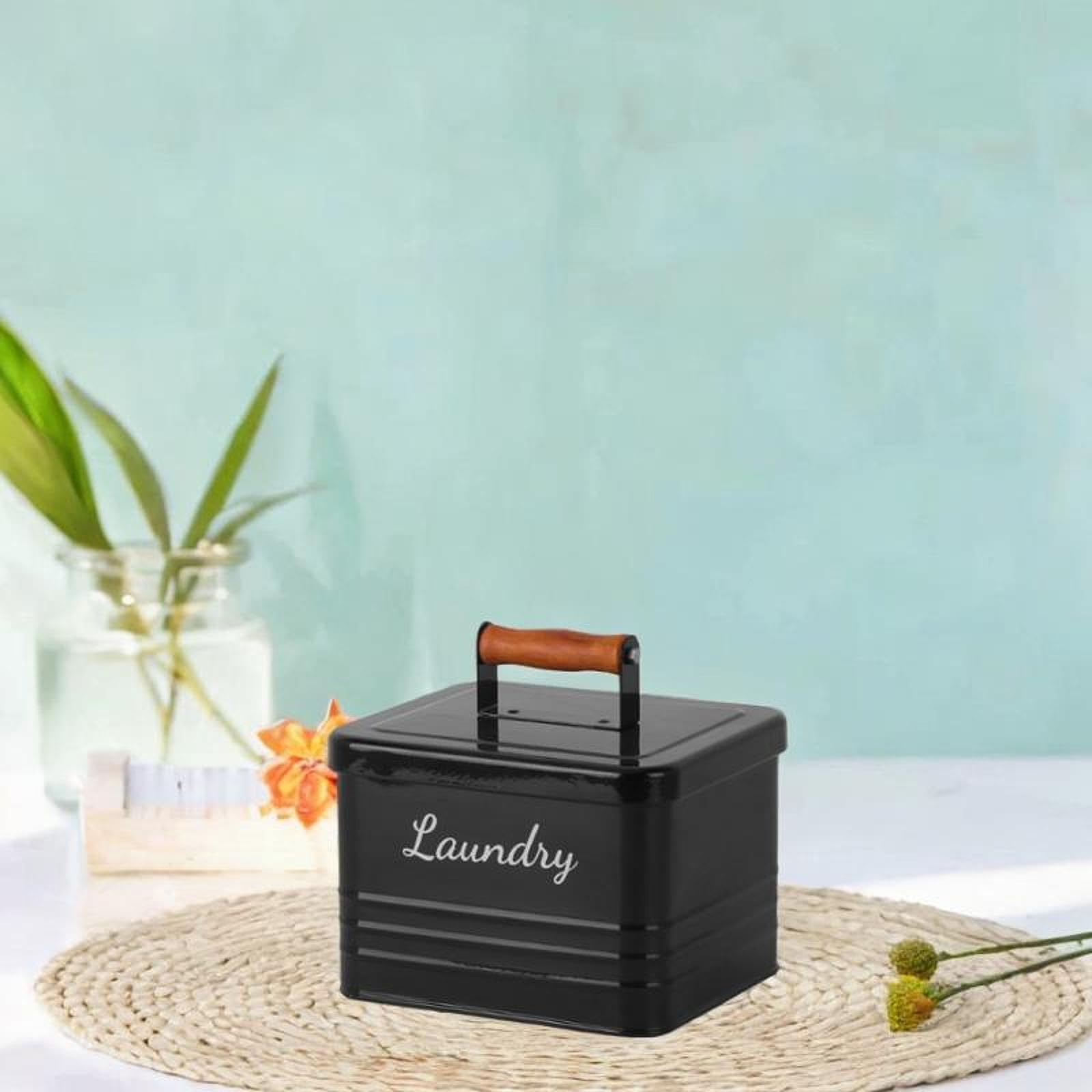 Qianly Wäschereischalen Lagerbehälter Waschkapsel Halter Eisenlagerbox Holzgriff für Zuhause, Schwarz