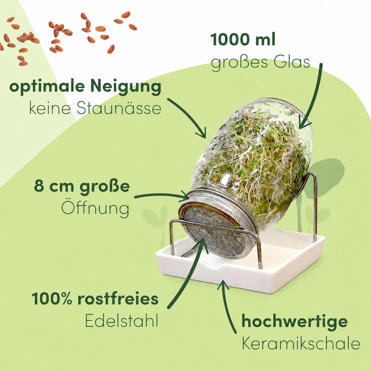 Green SEEDS Bocal à germes 2 Set de 1000ml avec Couvercle à Grille en Acier Inoxydable de Haute qualité, Support, Bol en céramique + ABC des germes Gratuit [E-Book]