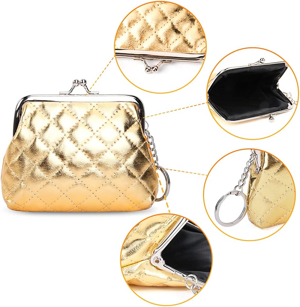 Oyachic 4 Packs Quilted Coin Purse PU Leather Change Pouch Money Bag Vintage Buckle Clutch Kiss-lock Wallet with Keychain Card Holder For Women