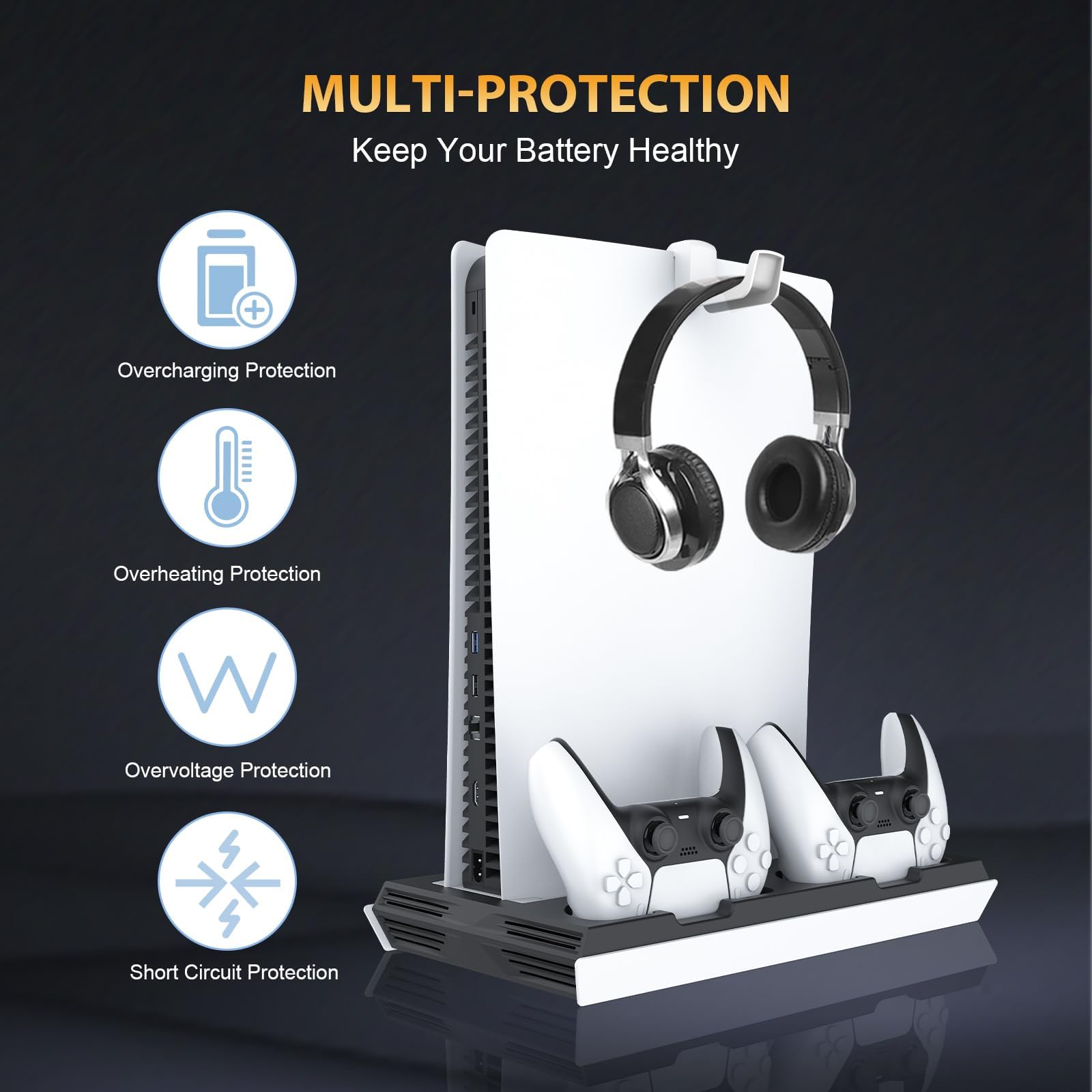 fivtek Stazione di raffreddamento sottile PS5/PS5 con stazione di ricarica a doppio controllo, supporto di raffreddamento per console Playstation 5, supporto per cuffie/ventola di raffreddamento