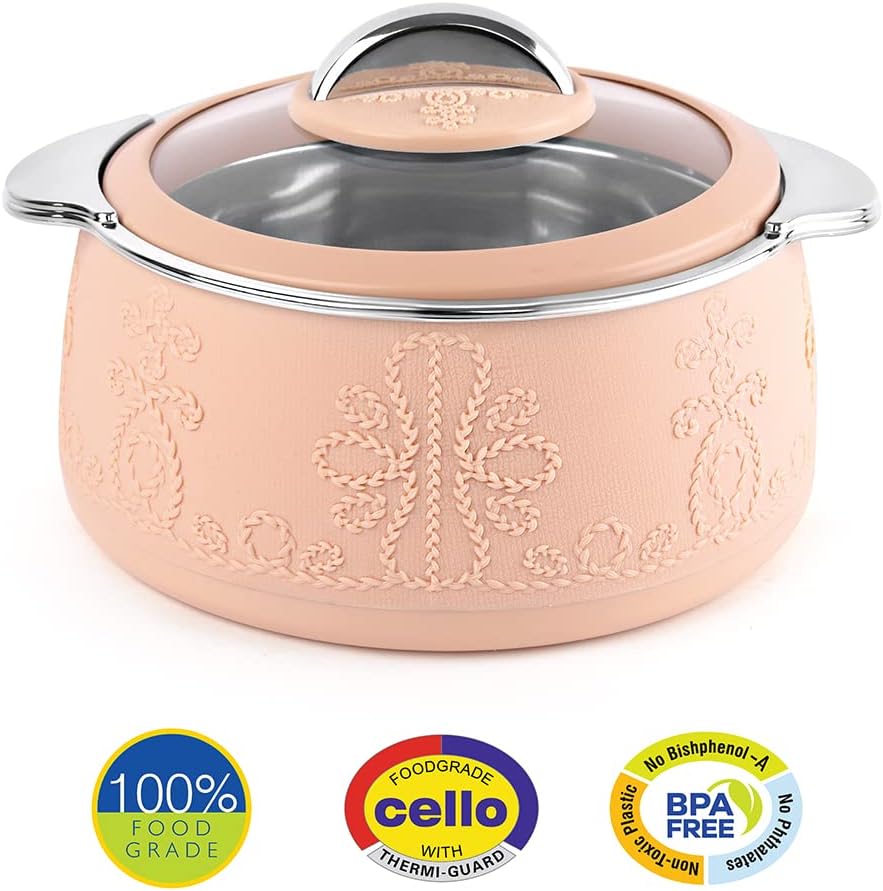 CELLO Royale Combo of 3 Casseroles with Insulated Stainless Steel and Glass Lid, Capacity - 600+1100+1600ml, Beige