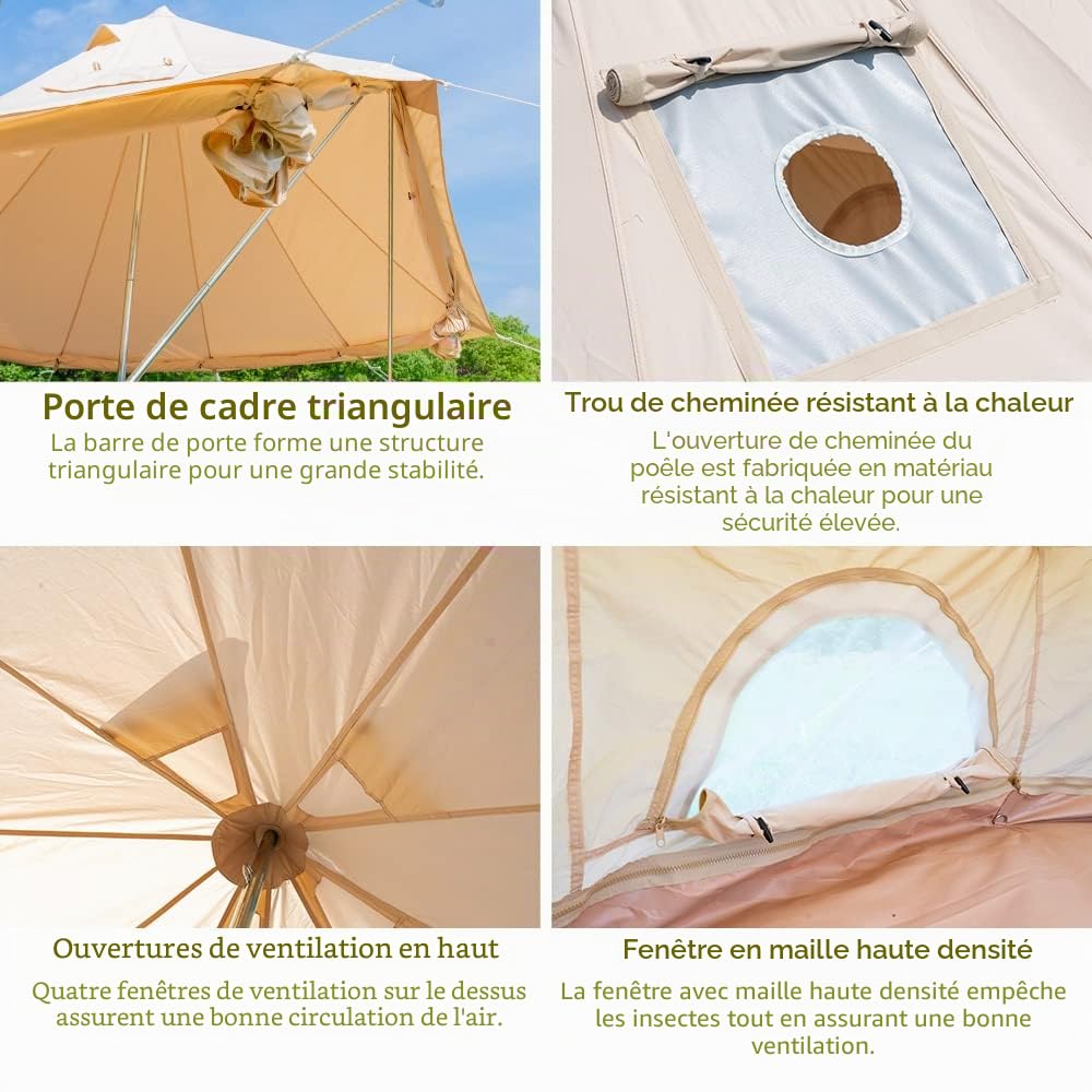 TOMOUNT Bell Tente 3m 4m Cloche Grand Espace familiale avec Fermeture éclair dans Tapis de Sol et Trou de Cuisson pour l'extérieur, randonnée, Carnaval, fête, Chasse, Pique-Nique Beige