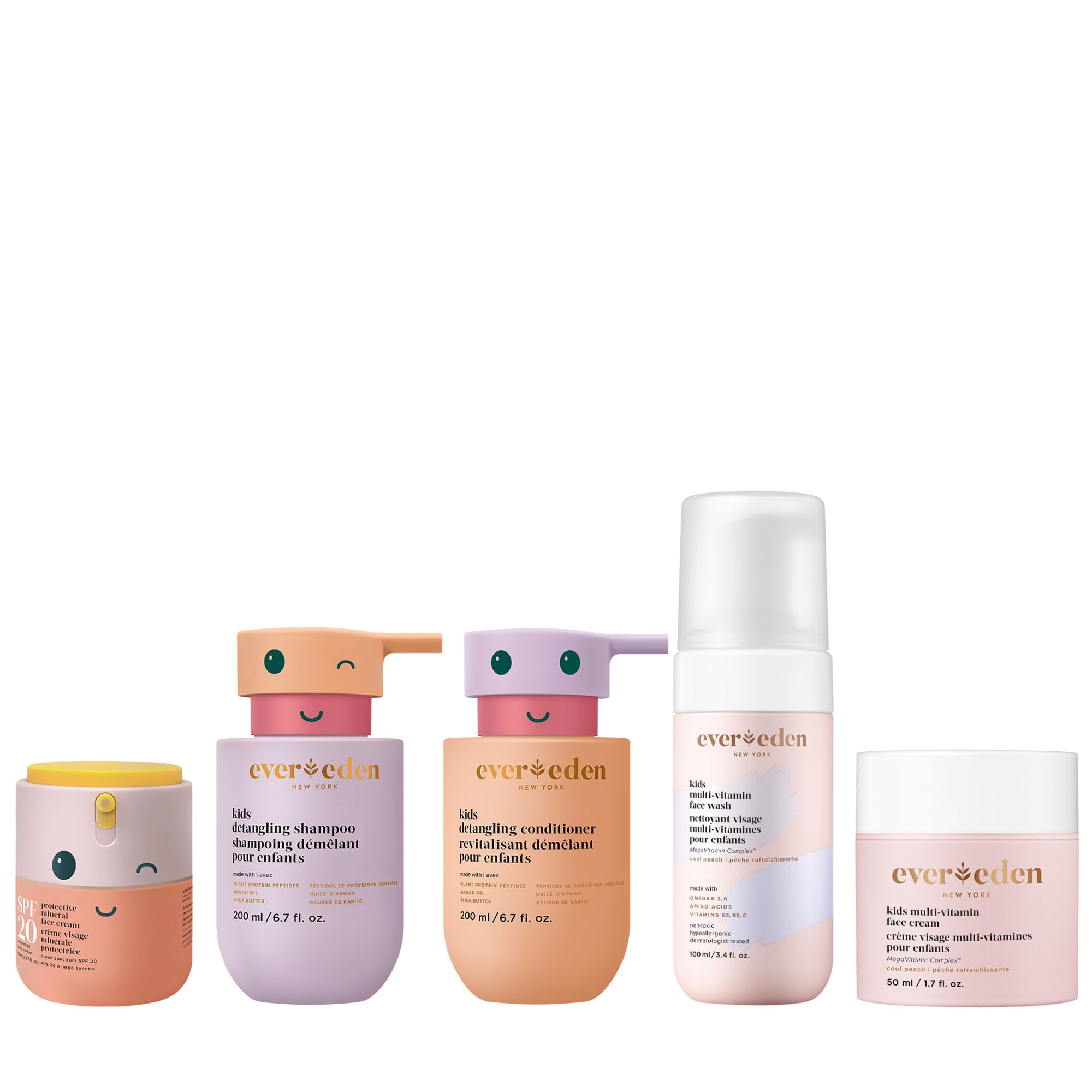 Evereden Kids Routine Bundle with SPF20 - Happy Detangling Shampoo and Conditioner, Face Wash, and Multi-Vitamin Face Cream