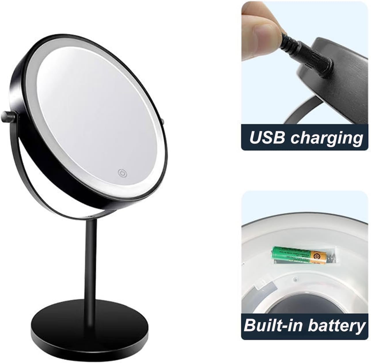 Ściemnialne Lustro Powiększające Z Ekranem Dotykowym W 3 Kolorach, Akumulatorowe Podświetlane Dwustronne Lustro Do Golenia Stojak Na Lusterko Led Vanity, Chrome, 10X