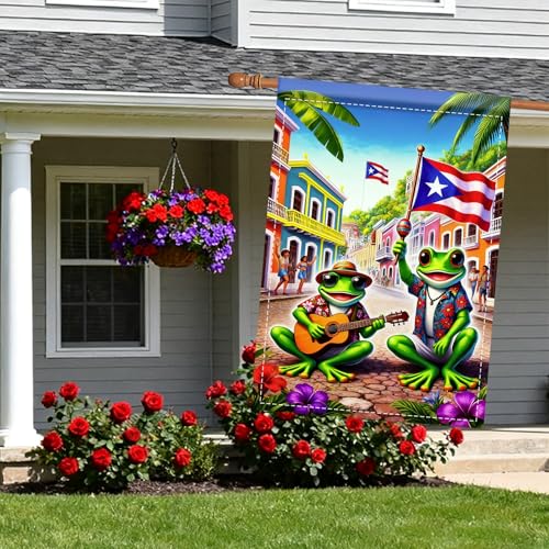 Image of Nuxovilar Puerto Rico Garden Flag Big Frog Guitar Polyester 27x39inch | Musical Sign, Festive Hanger, patriotic garden flag, outdoor lawn decoration, porch yard home (Big Frog)