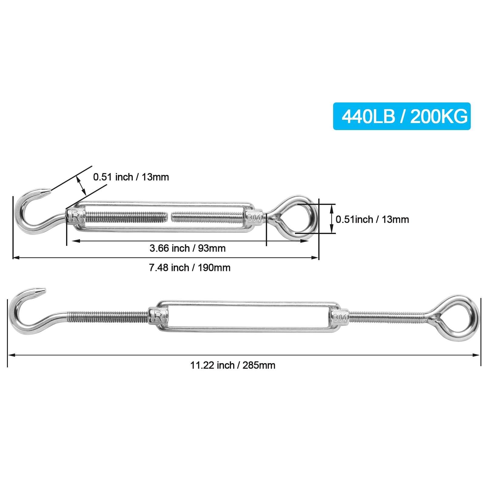 Lot de 6 tendeurs à crochet et œillet M8 en acier inoxydable 304, tendeur réglable pour câble et corde à linge