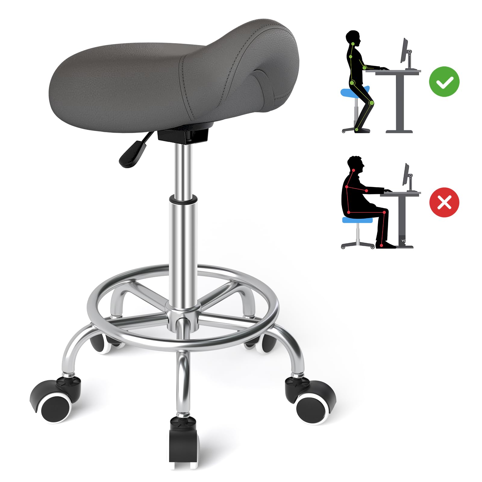 YEEZEE Saddle Stool Ergonomic- Comfortable Rolling Saddle Stool with Wide Thick Saddle Seat Padding, Swivel Adjustable Saddle Chair with Wheels and Ring Pedal for Medical Massage Salon (Grey)-image-26