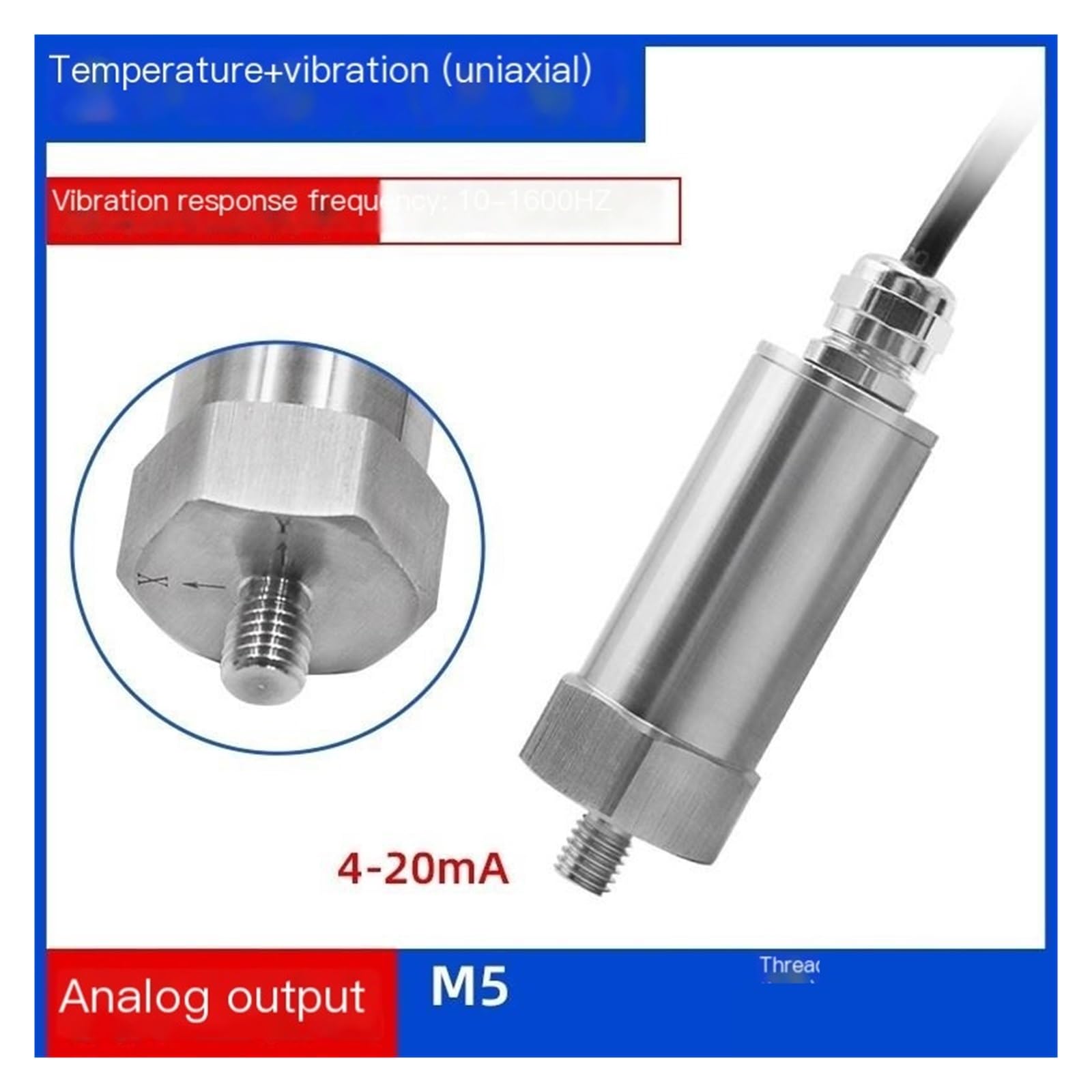 Integrierter Temperatur- und Vibrationssensor, einachsiger Vibrationsmonitor(Threaded - Analog - 1600Hz)