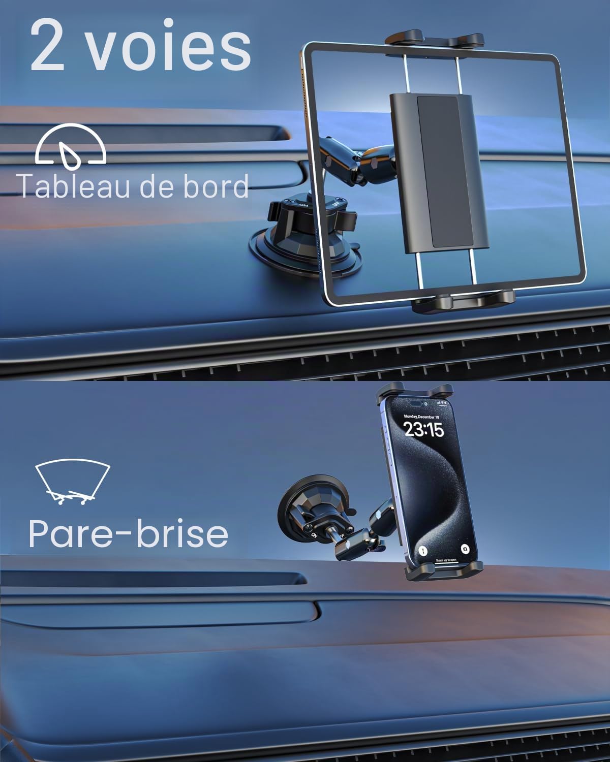 Support de tablette à ventouse pour voiture avant, Heavy Duty pour pare-brise de voiture, tableau de bord, tablette pour iPad Pro 12,9, iPad Air Mini, Galaxy Tabs, téléphone portable et