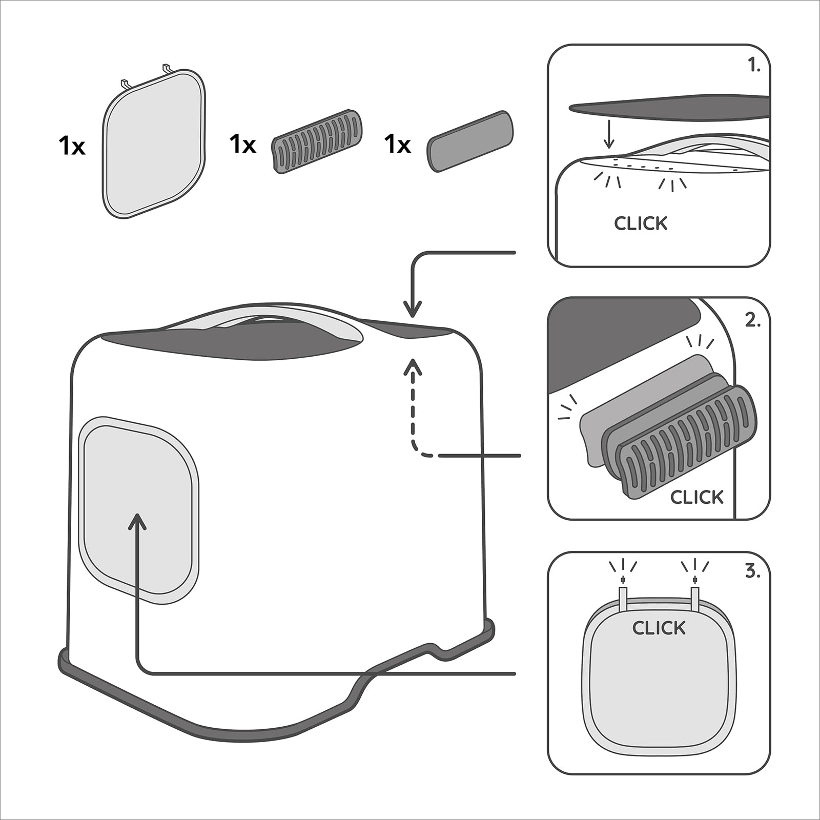 Rotho MyPet Bea Protect Katzenklo mit Deckel und Schaufel mit Filter Grau | Katzentoilette mit Haube, Aktivkohlefilter gegen Gerüche, Türmagnet, Spritzschutz bei hohem Urinstrahl, 4 Ersatzfilter