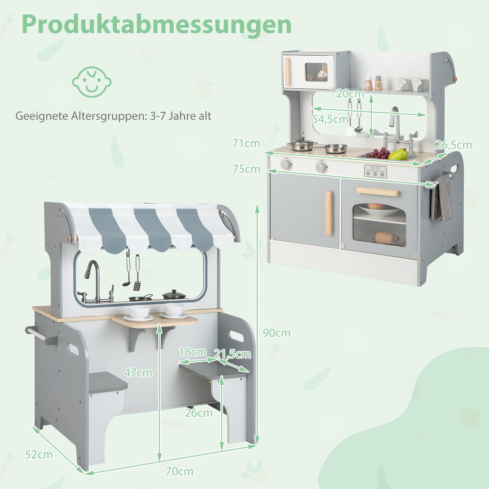 COSTWAY 2 in 1 Kinderküche mit Zubehör, Spielküche mit Restaurant zum Kochen & Servieren, Holzküche inkl. Wasserhahn Spüle Herd Ofen Handtuchhalter Haken, Spielzeugküche für Kinder ab 3 Jahren