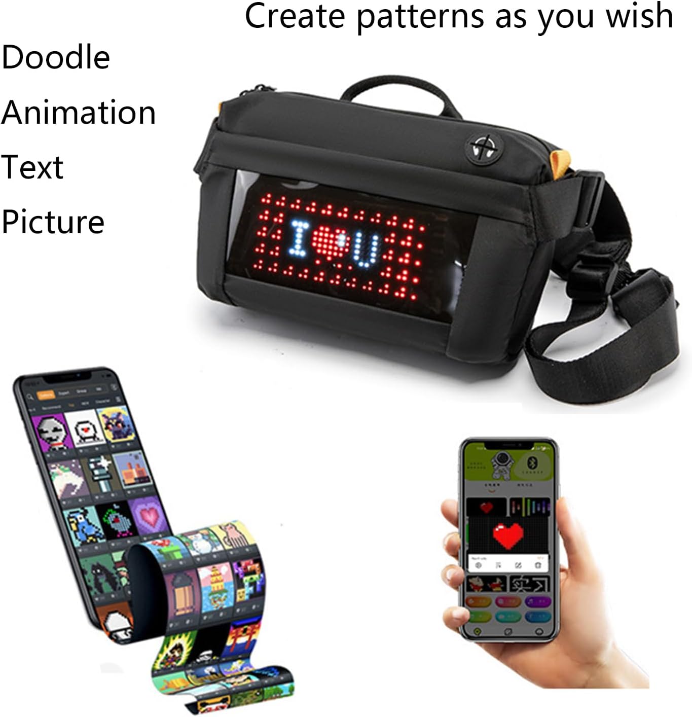 [Luyismer] LEDディスプレイ付きスリングバッグ サイクリングトラベルデイパック LEDバックパック ショルダーバッグ ク