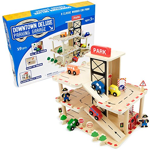 Imagination Generation Downtown Deluxe Wooden Parking Garage with Elevator - Cars and More Included! (19 pcs)