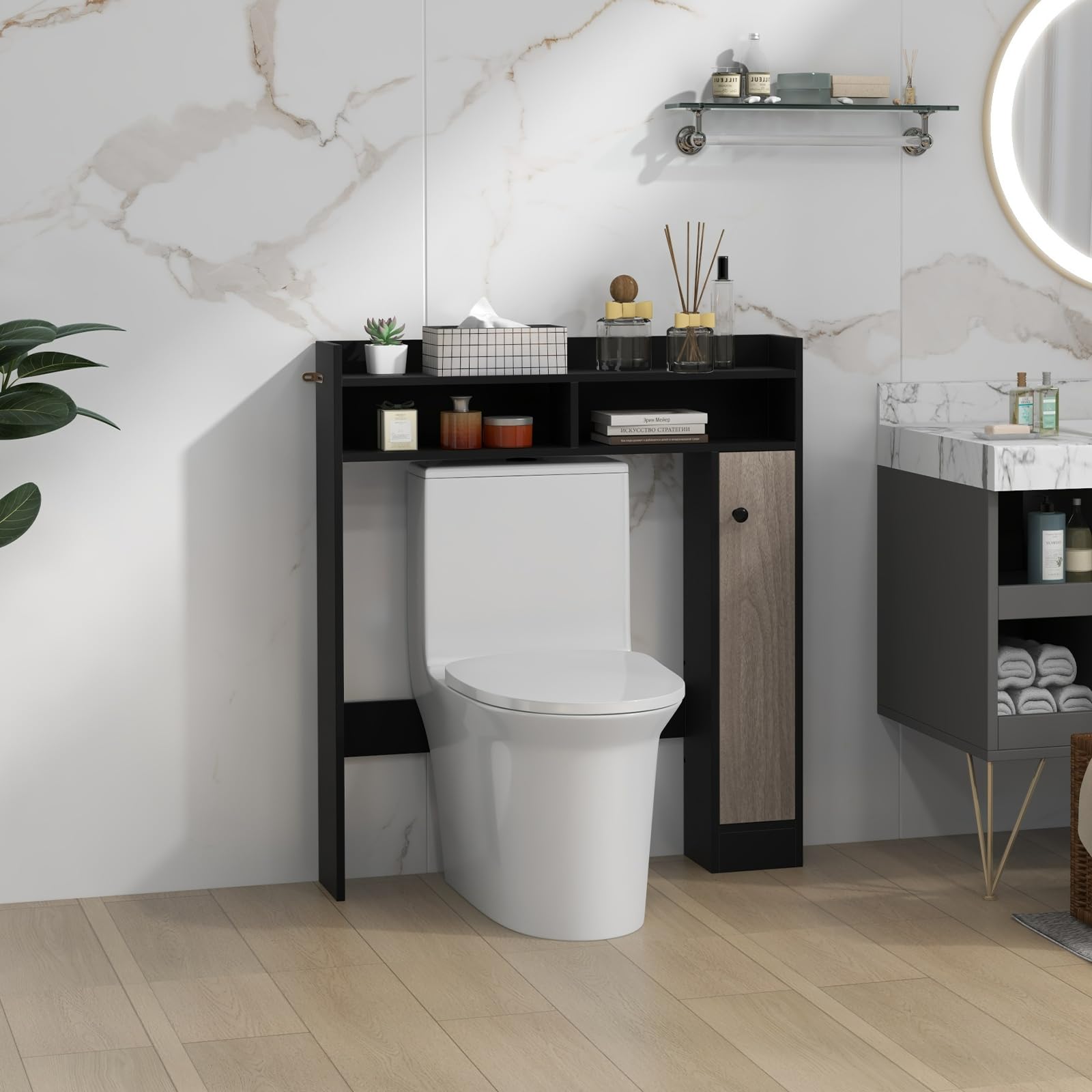 LIFEZEAL Badkamerkast boven toilet, vloerkast met 3 planken en deur, plank boven toilet, 64 x 24 x 172 cm, bruin