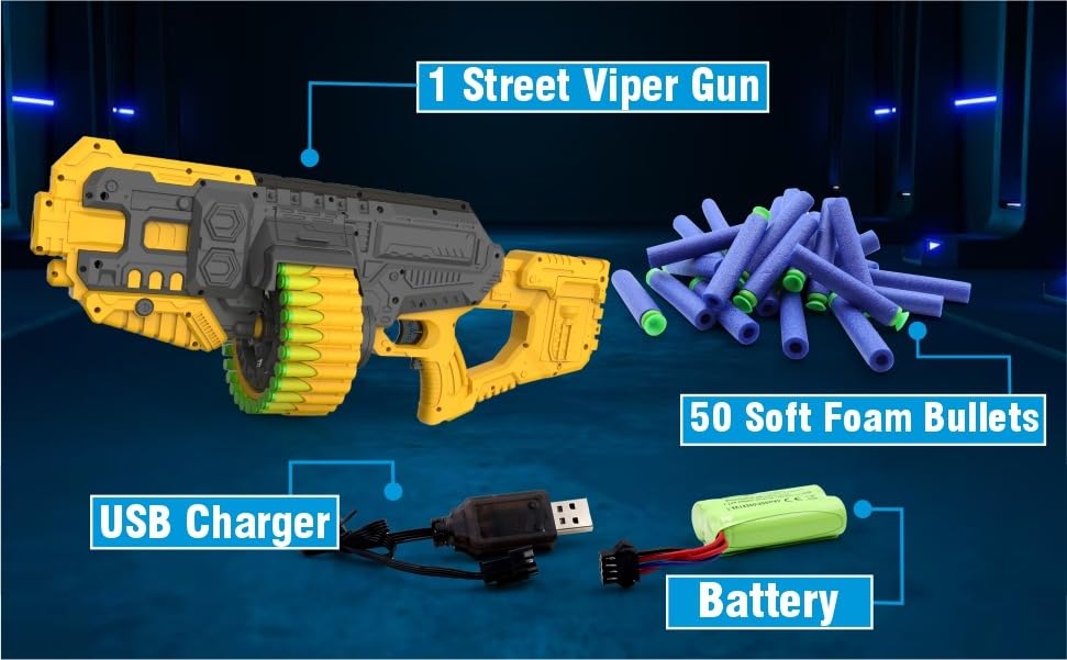 Image of Aditi Toys Street Viper Big Blaster Motorized Dart Gun Toy Includes 50 Soft Foam Bullet Darts, 60-Foot Firing Range, Rechargeable Electric Battery Design for Boys Girls, Above 5+ Age(Yellow-Grey)