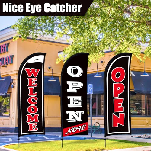 Image of Buryeah 3 Sets Now Open Feather Flag Banner for Business Advertising 7 Feet Tall Grand Opening Feather Flag Sign with Fiberglass Pole Kit Rotating Ground Spike and Portable Bag (Black)