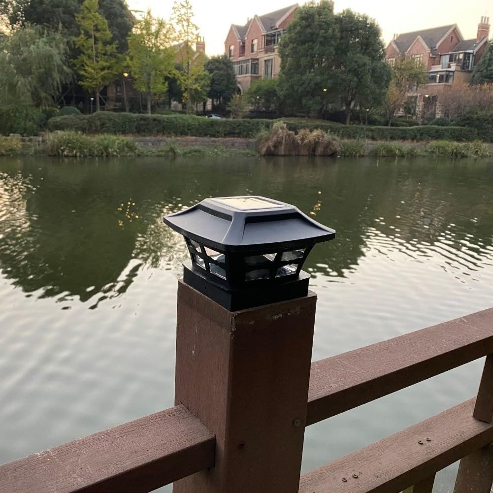 Solar-Pfostenkappen-Lichter, LED-Zaunlicht für 4 x 4, 5 x 5, 6 x 6 Holzpfosten, IP44 wasserdicht, Außenterrasse, Gartenbeleuchtung, 4 Stück (schwarze Blätter)